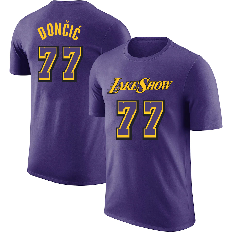 Men NBA Los Angeles Lakers 77 Doncic purple T shirts style 2